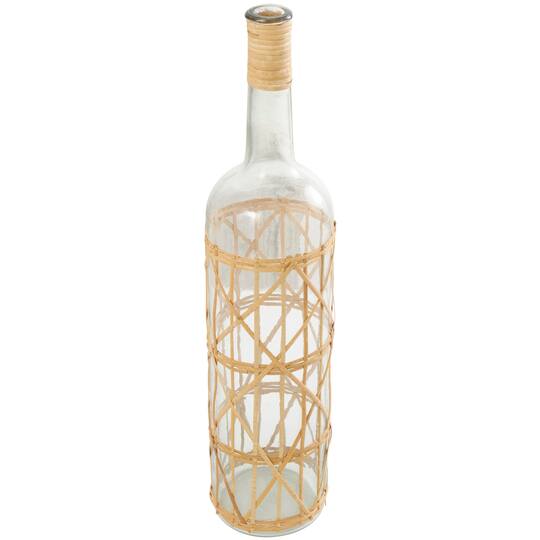 27" Clear Glass Handmade Tall Vase with Light Brown Rattan Woven Body & Neck
